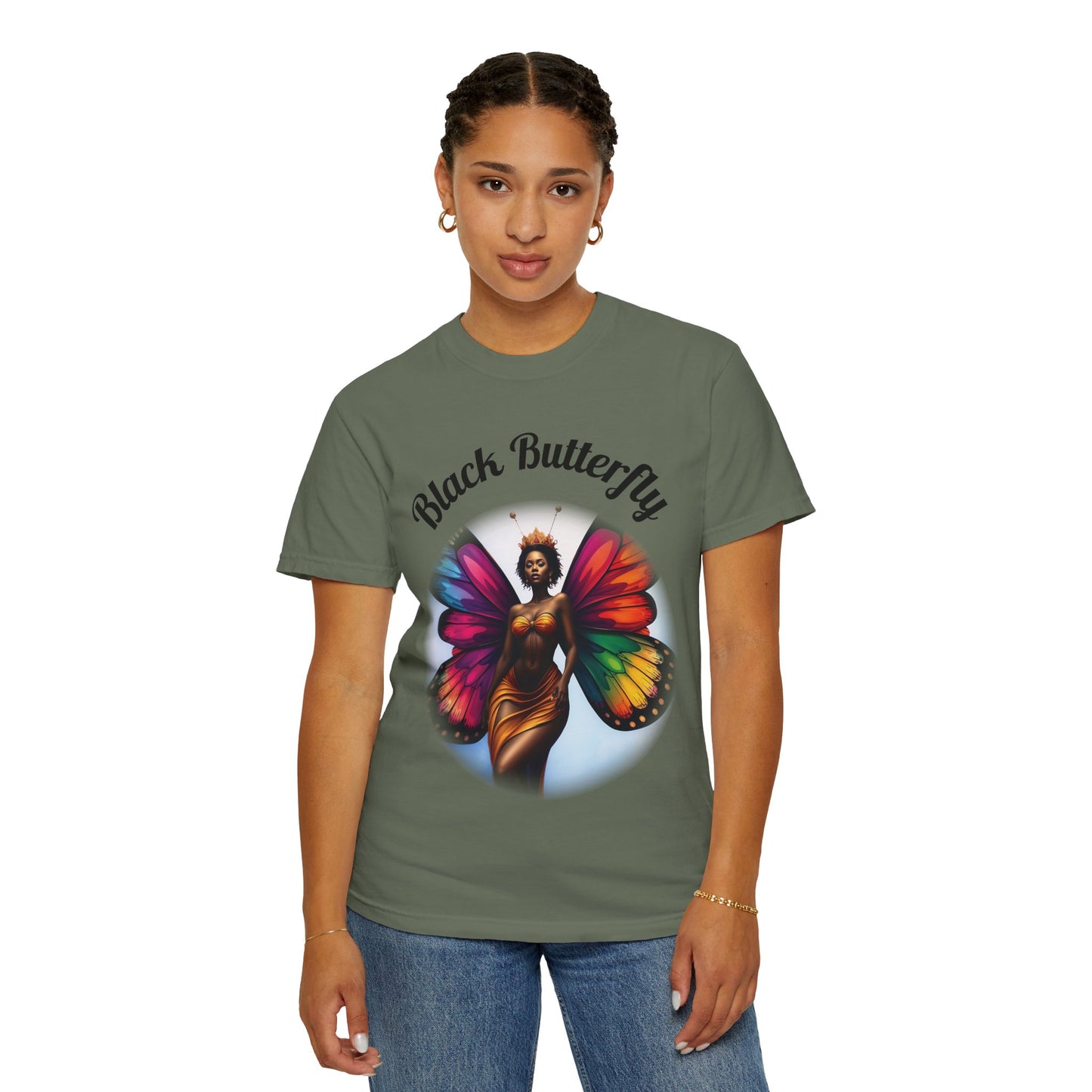 Black Butterfly T-shirt — Afro Queen Rainbow Wings Crewneck