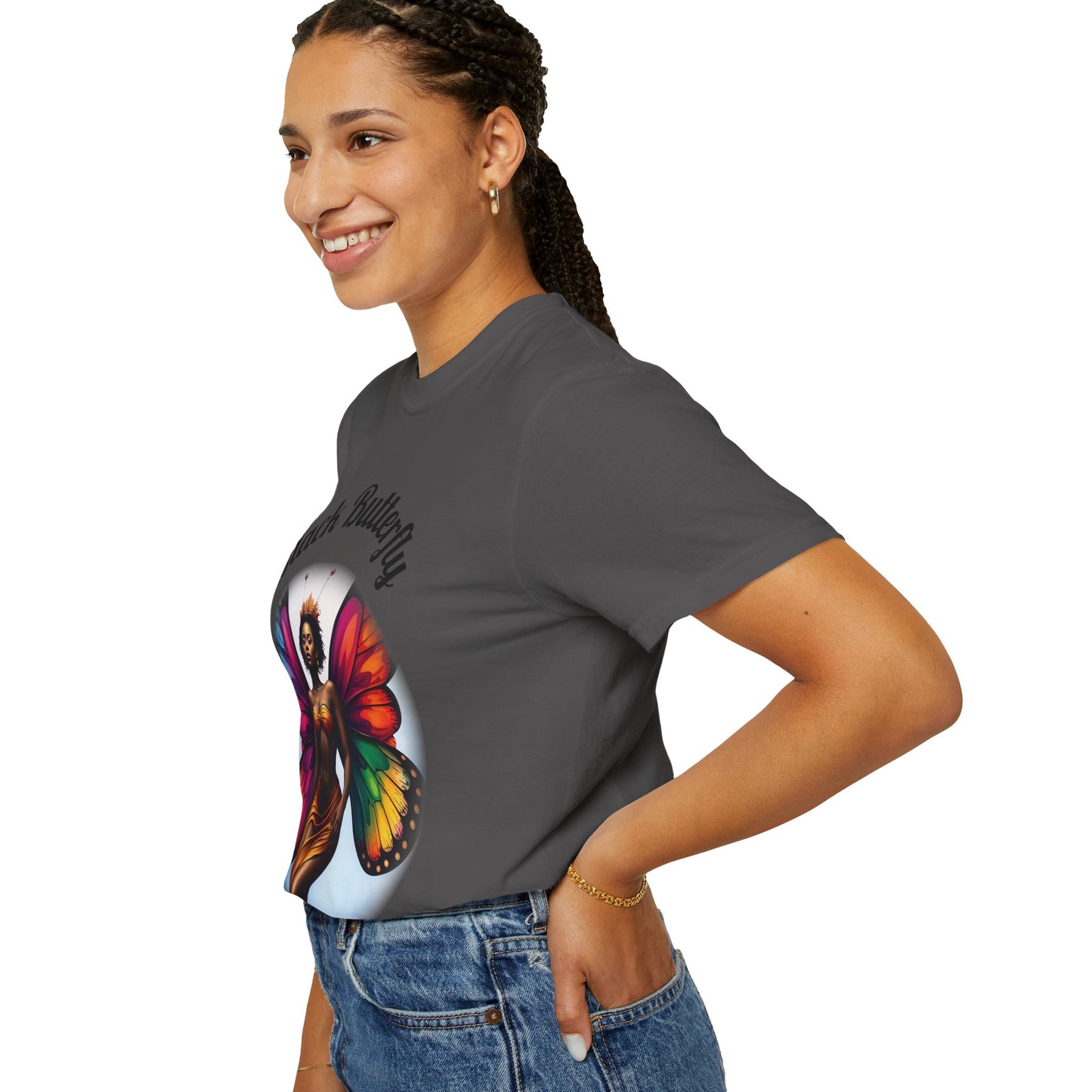 Black Butterfly T-shirt — Afro Queen Rainbow Wings Crewneck