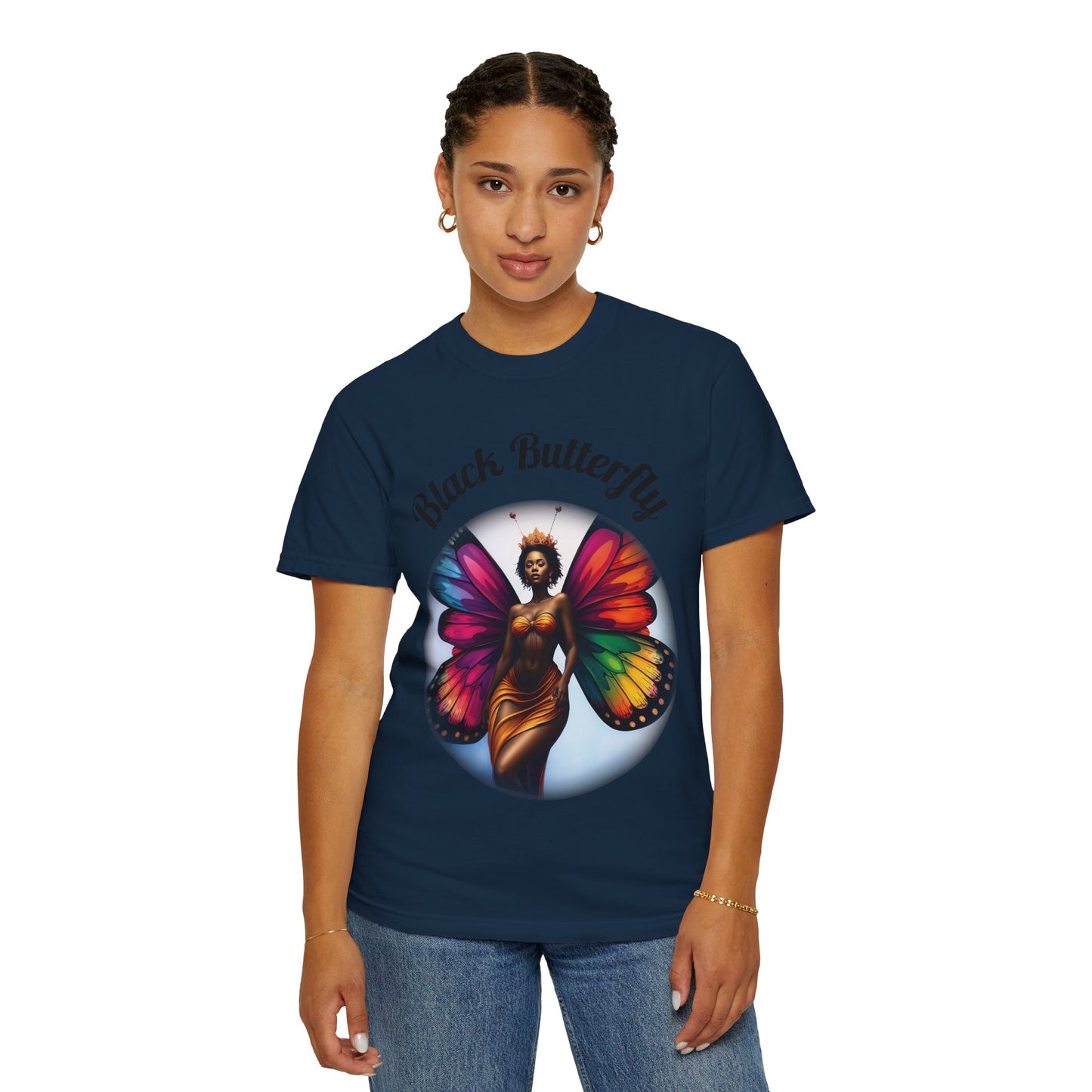 Black Butterfly T-shirt — Afro Queen Rainbow Wings Crewneck