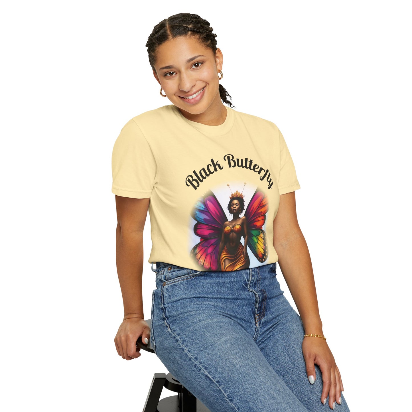 Black Butterfly T-shirt — Afro Queen Rainbow Wings Crewneck