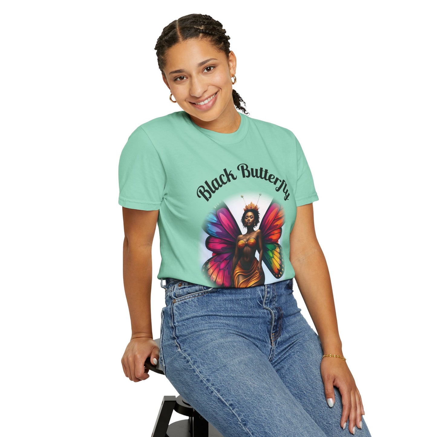 Black Butterfly T-shirt — Afro Queen Rainbow Wings Crewneck