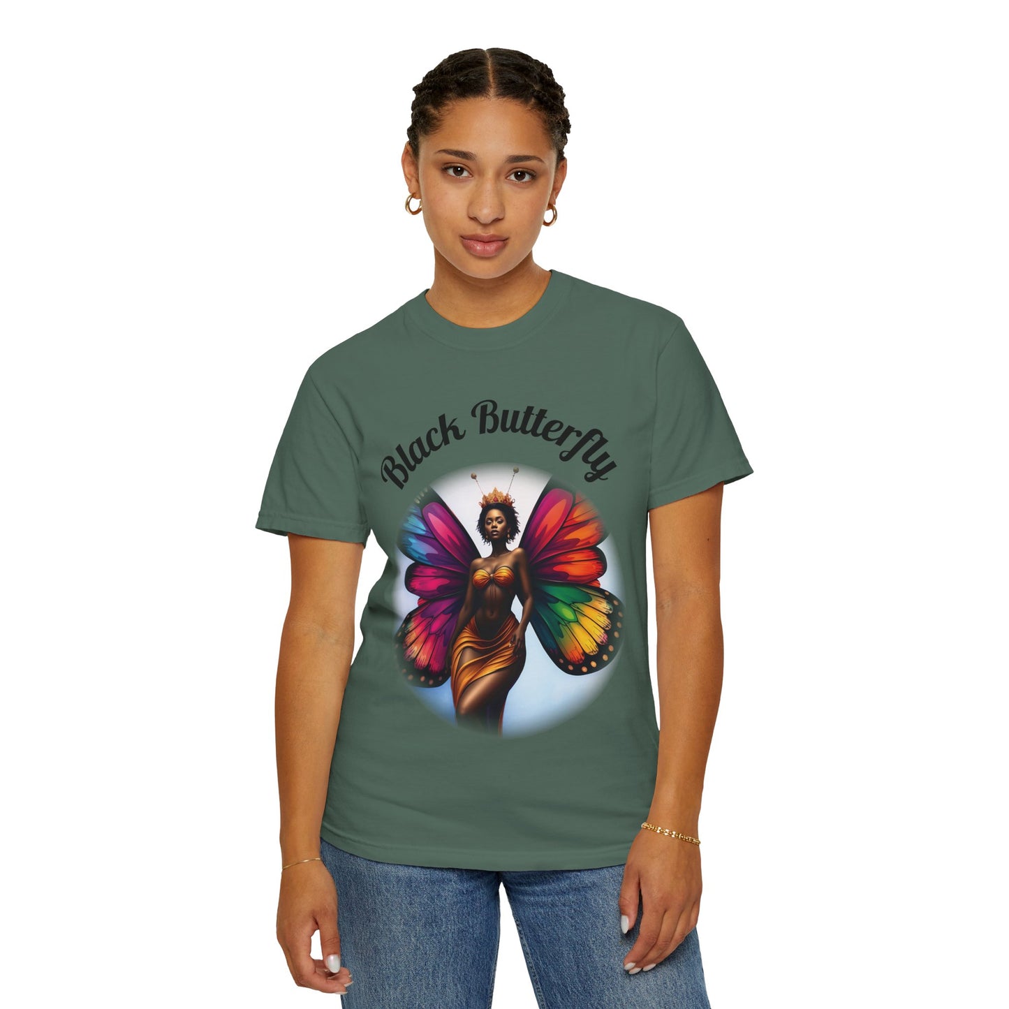 Black Butterfly T-shirt — Afro Queen Rainbow Wings Crewneck