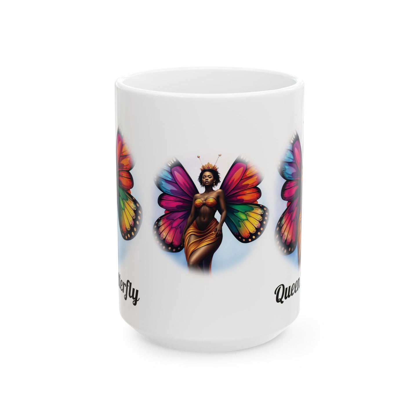 Queen Butterfly Ceramic Mug — Colorful Black Woman Butterfly Art (11oz/15oz)