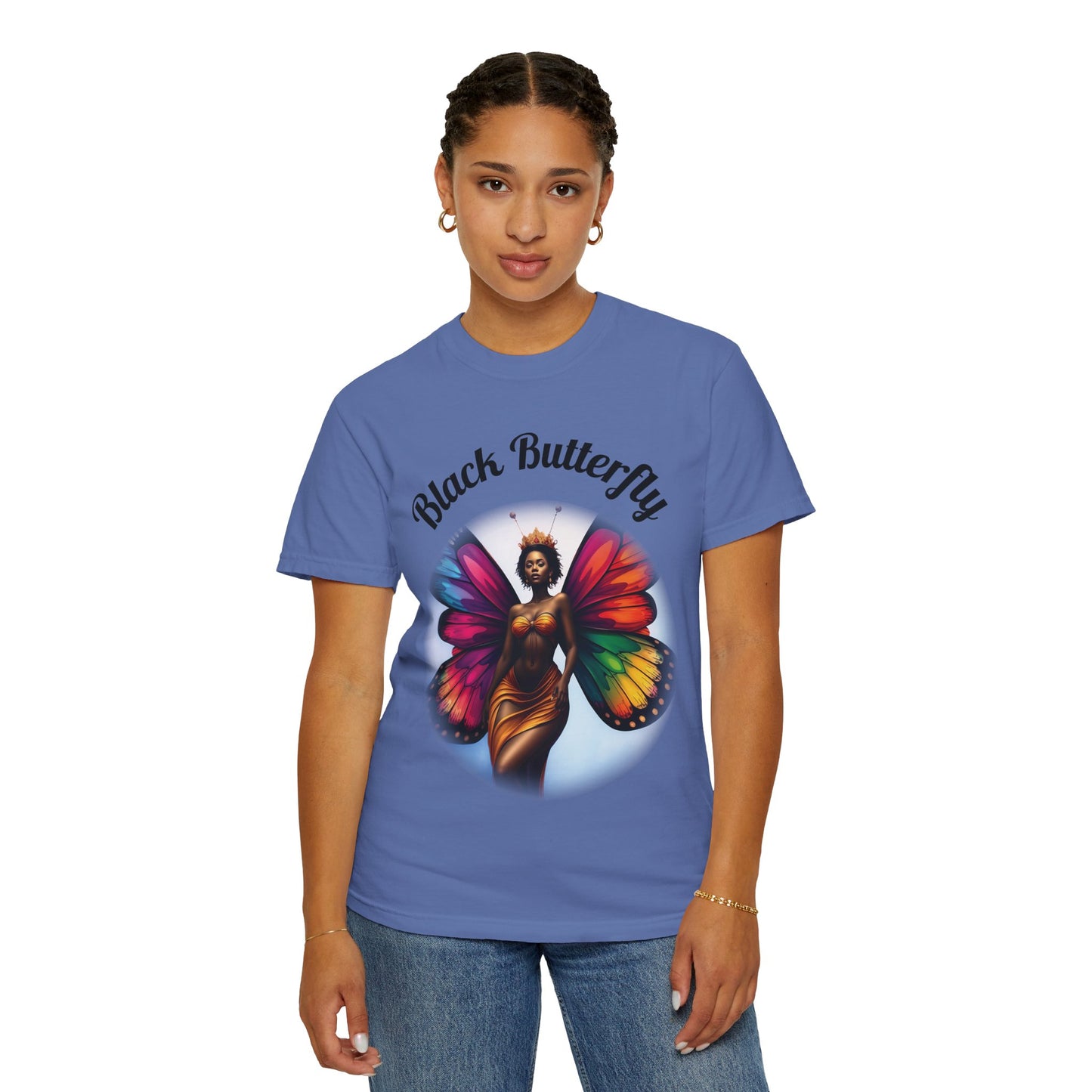 Black Butterfly T-shirt — Afro Queen Rainbow Wings Crewneck