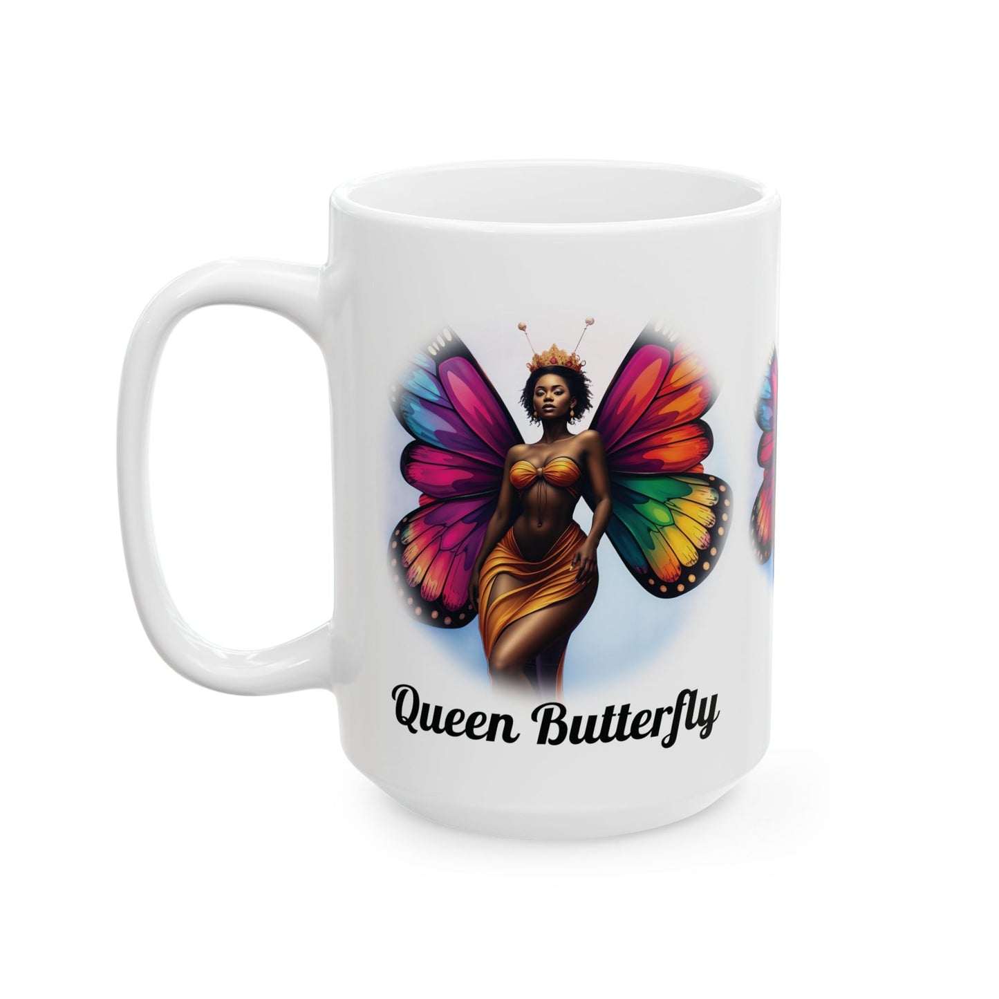 Queen Butterfly Ceramic Mug — Colorful Black Woman Butterfly Art (11oz/15oz)