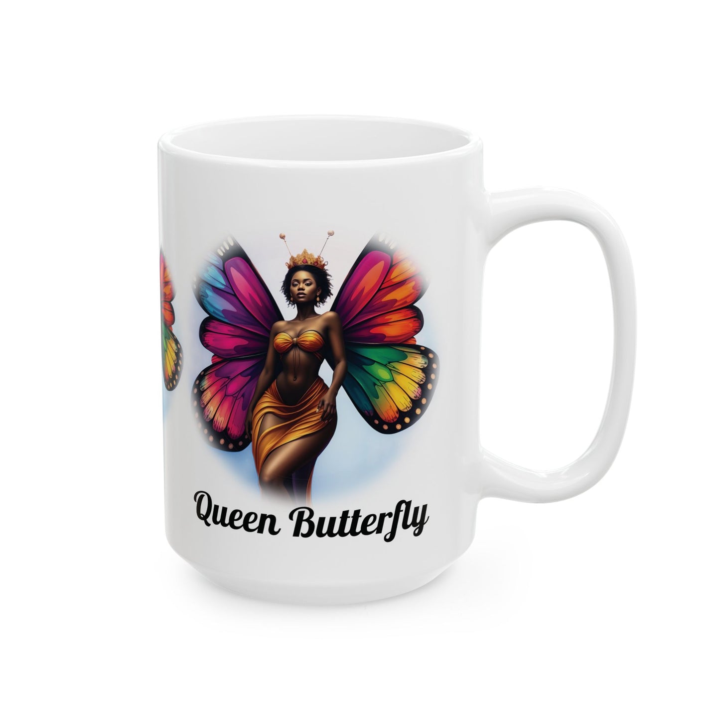 Queen Butterfly Ceramic Mug — Colorful Black Woman Butterfly Art (11oz/15oz)