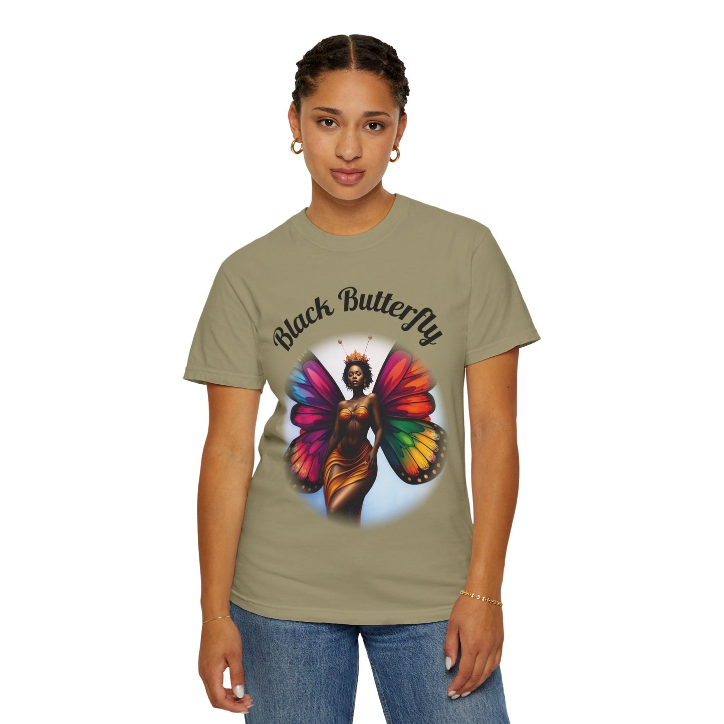 Black Butterfly T-shirt — Afro Queen Rainbow Wings Crewneck