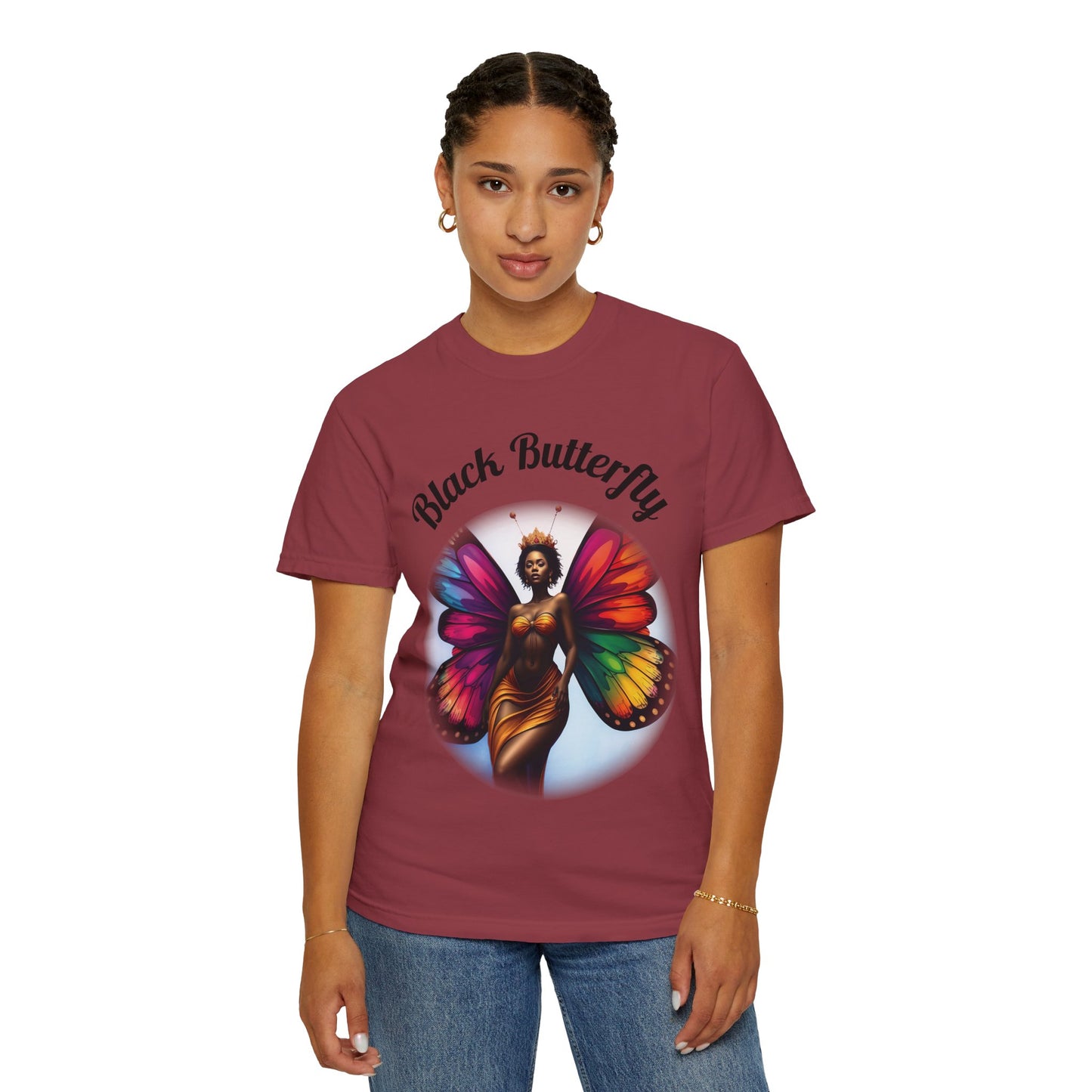 Black Butterfly T-shirt — Afro Queen Rainbow Wings Crewneck