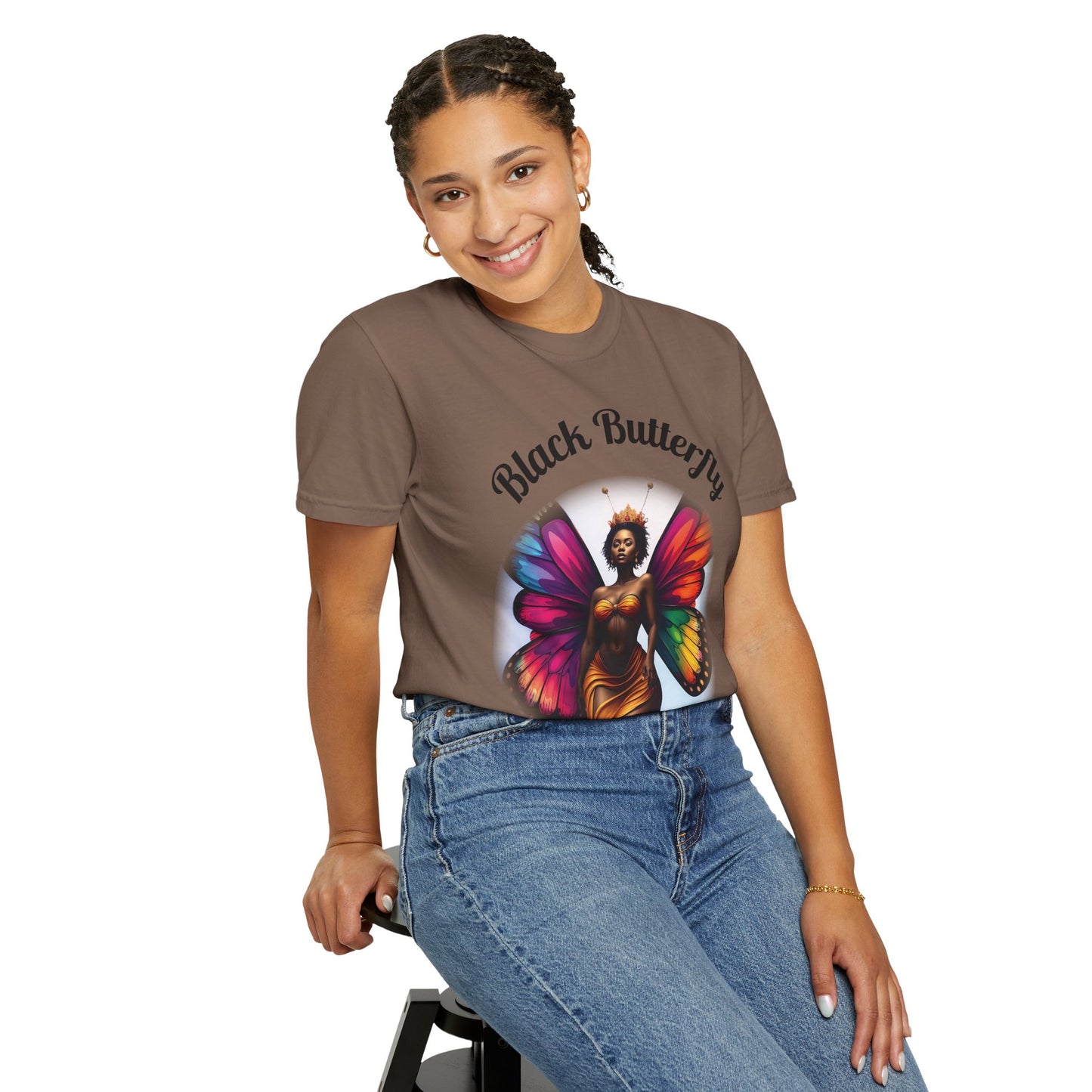 Black Butterfly T-shirt — Afro Queen Rainbow Wings Crewneck
